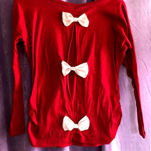 Red and Pink Bow Cut-out Shirt